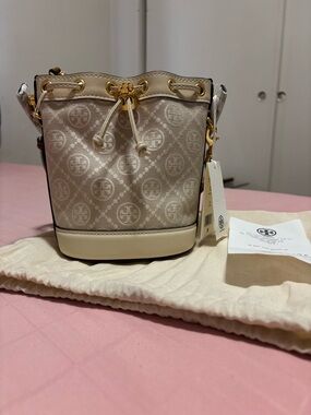 Tory Burch Cream Monogram Mini Drawstring Bucket Bag